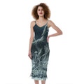 Howling Snowy Wolf Painting Print Slim Fit Midi Cami Dress