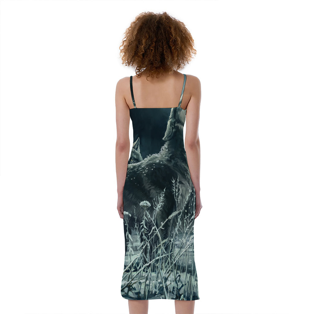 Howling Snowy Wolf Painting Print Slim Fit Midi Cami Dress