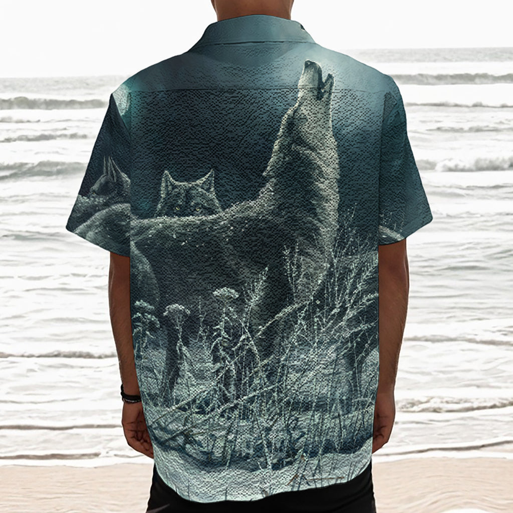 Howling Snowy Wolf Painting Print Textured Short Sleeve Shirt
