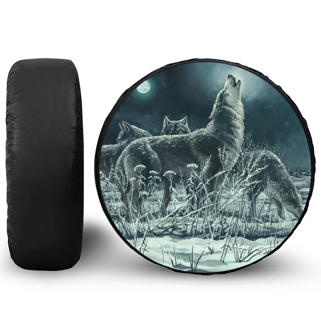 Howling Snowy Wolf Painting Print Tire Cover