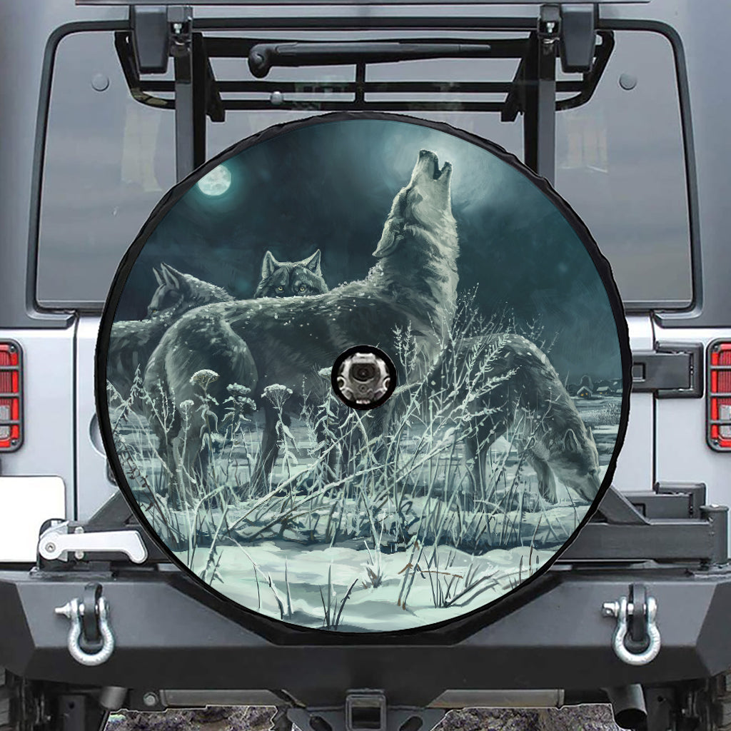 Howling Snowy Wolf Painting Print Tire Cover With Camera Hole