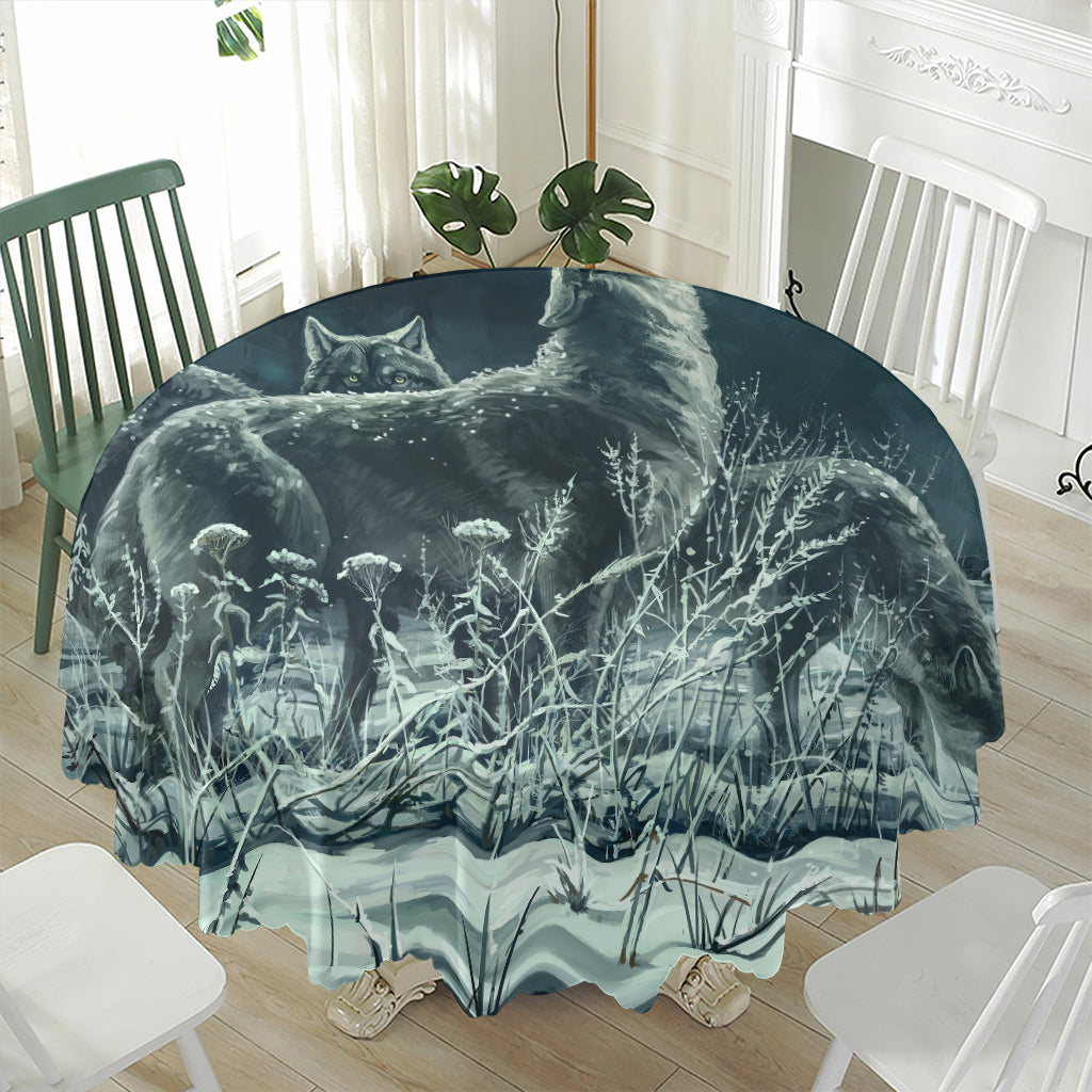 Howling Snowy Wolf Painting Print Waterproof Round Tablecloth