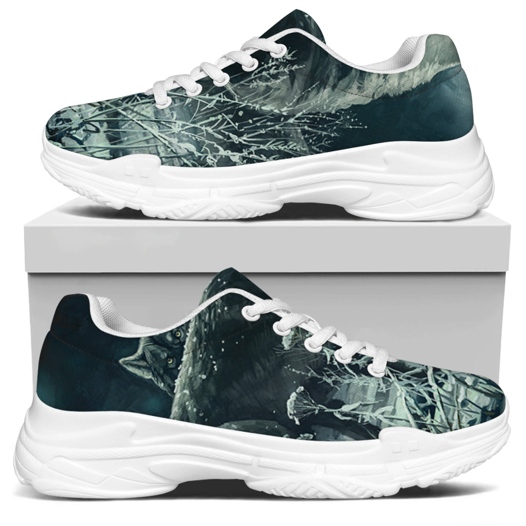 Howling Snowy Wolf Painting Print White Chunky Shoes
