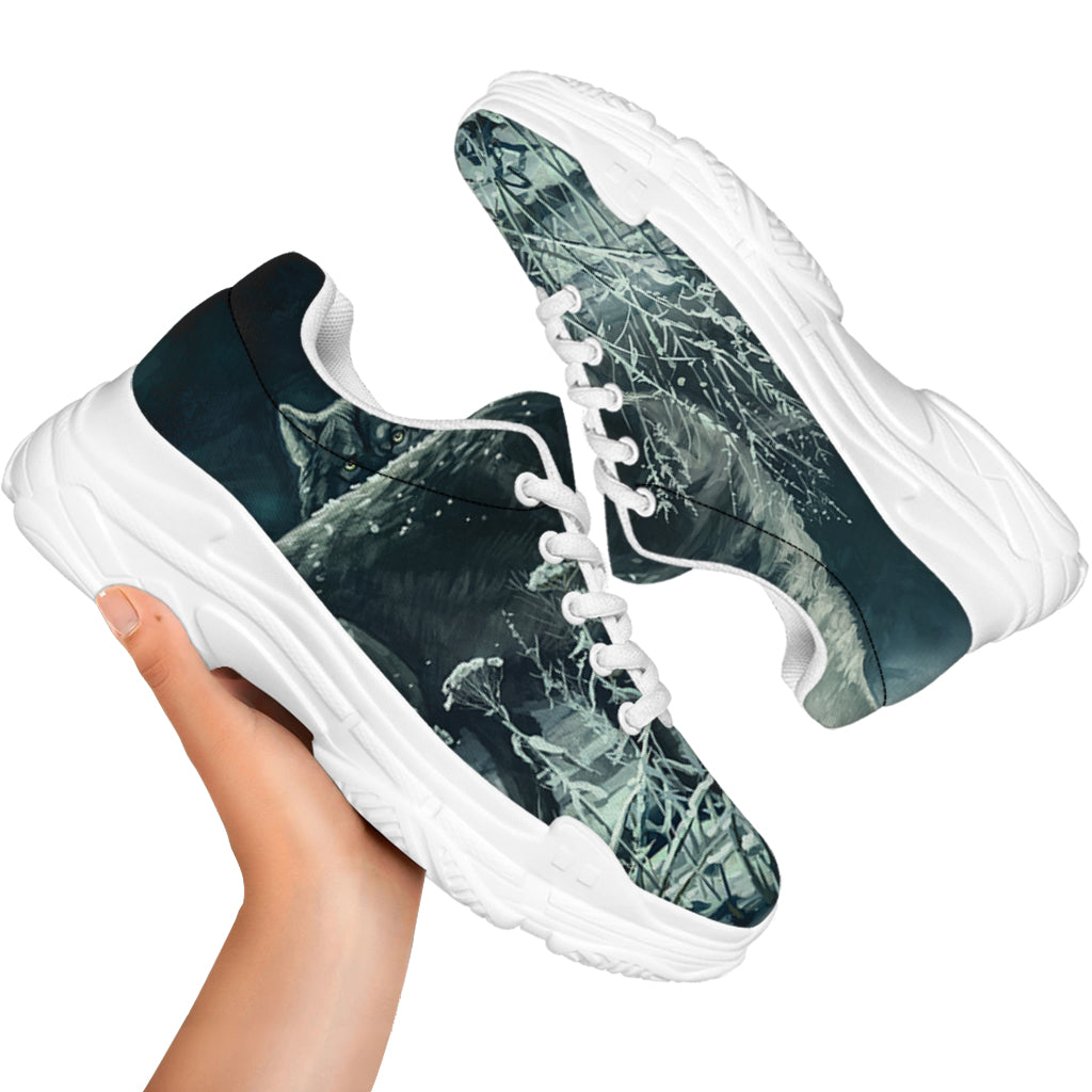 Howling Snowy Wolf Painting Print White Chunky Shoes