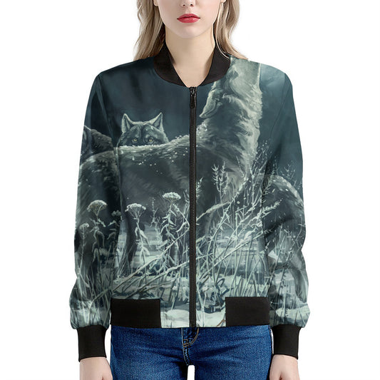 Howling Snowy Wolf Painting Print Women's Bomber Jacket