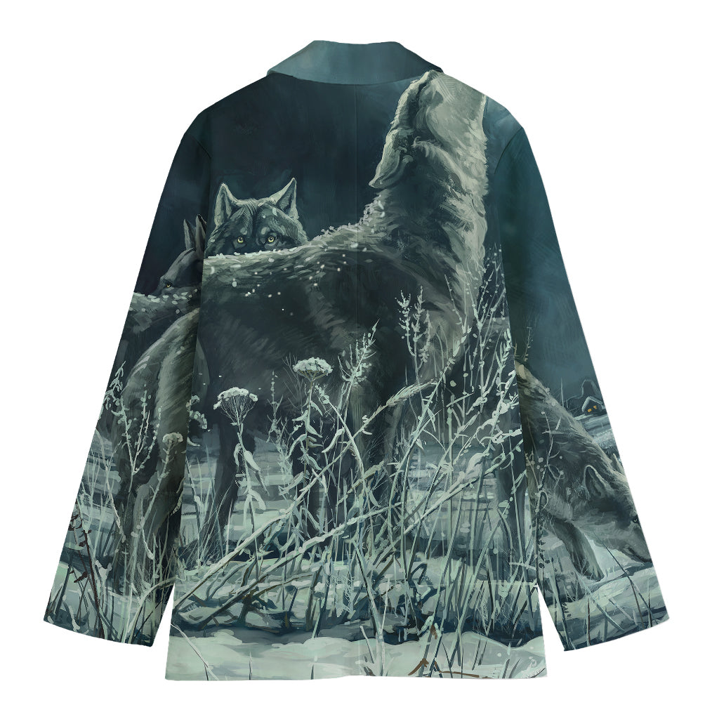 Howling Snowy Wolf Painting Print Women's Cotton Blazer