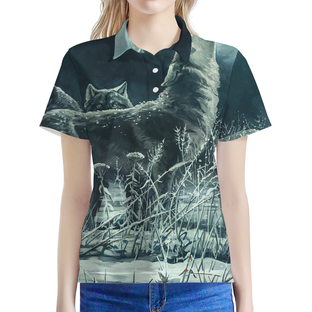 Howling Snowy Wolf Painting Print Women's Polo Shirt