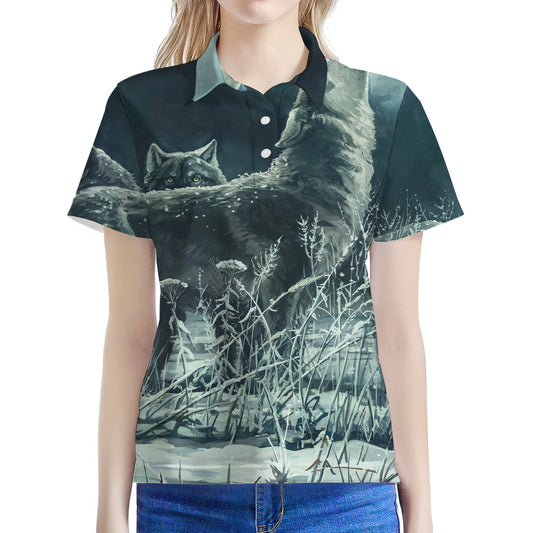 Howling Snowy Wolf Painting Print Women's Polo Shirt