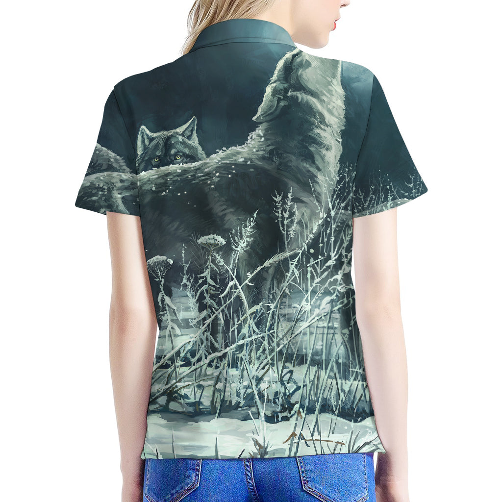 Howling Snowy Wolf Painting Print Women's Polo Shirt