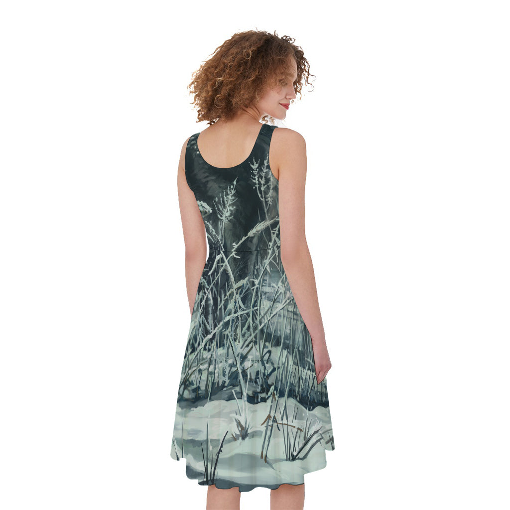 Howling Snowy Wolf Painting Print Women's Sleeveless Dress