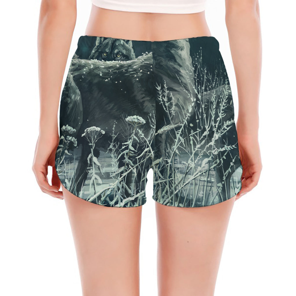 Howling Snowy Wolf Painting Print Women's Split Running Shorts