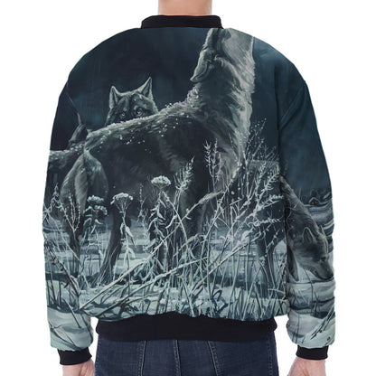 Howling Snowy Wolf Painting Print Zip Sleeve Bomber Jacket