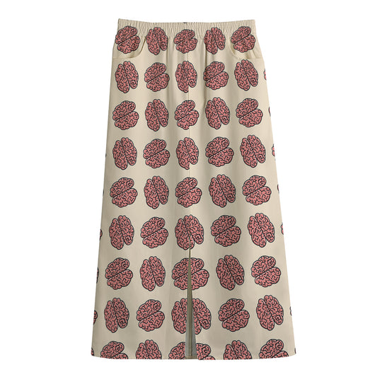 Human Brain Pattern Print Cotton Front Slit Maxi Skirt