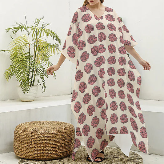 Human Brain Pattern Print Silk V-Neck Kaftan Dress