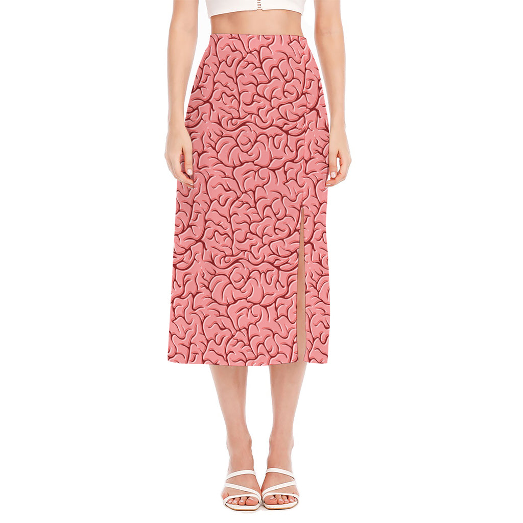 Human Brain Print Side Slit Midi Skirt