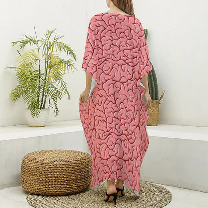 Human Brain Print Silk V-Neck Kaftan Dress