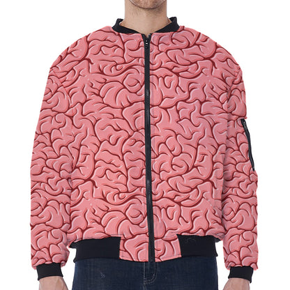 Human Brain Print Zip Sleeve Bomber Jacket