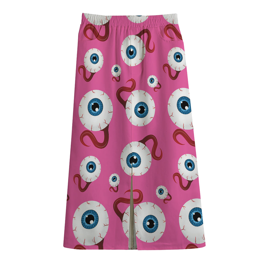 Human Eyeball Pattern Print Cotton Front Slit Maxi Skirt