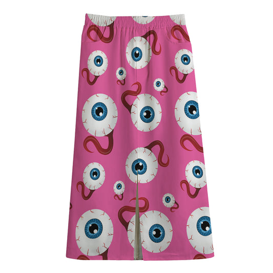 Human Eyeball Pattern Print Cotton Front Slit Maxi Skirt