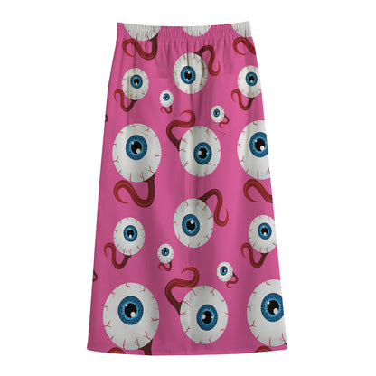 Human Eyeball Pattern Print Cotton Front Slit Maxi Skirt