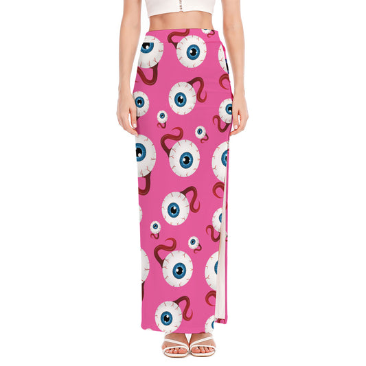 Human Eyeball Pattern Print High Slit Maxi Skirt