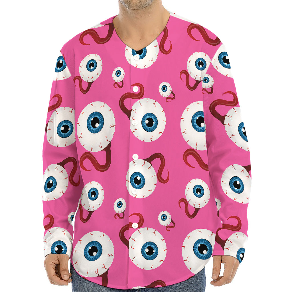 Human Eyeball Pattern Print Long Sleeve Baseball Jersey