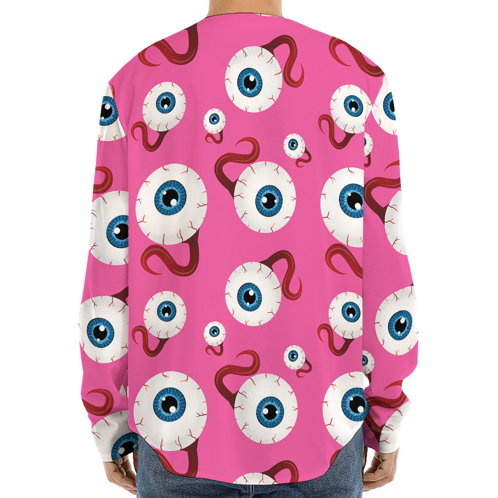 Human Eyeball Pattern Print Long Sleeve Baseball Jersey