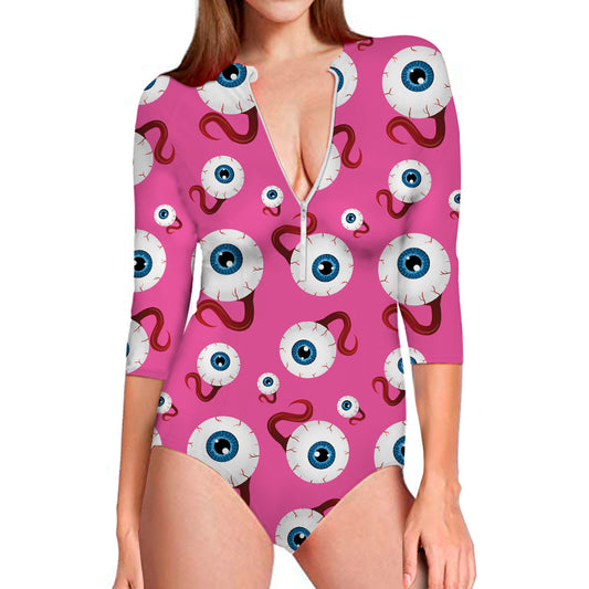 Human Eyeball Pattern Print Long Sleeve Swimsuit