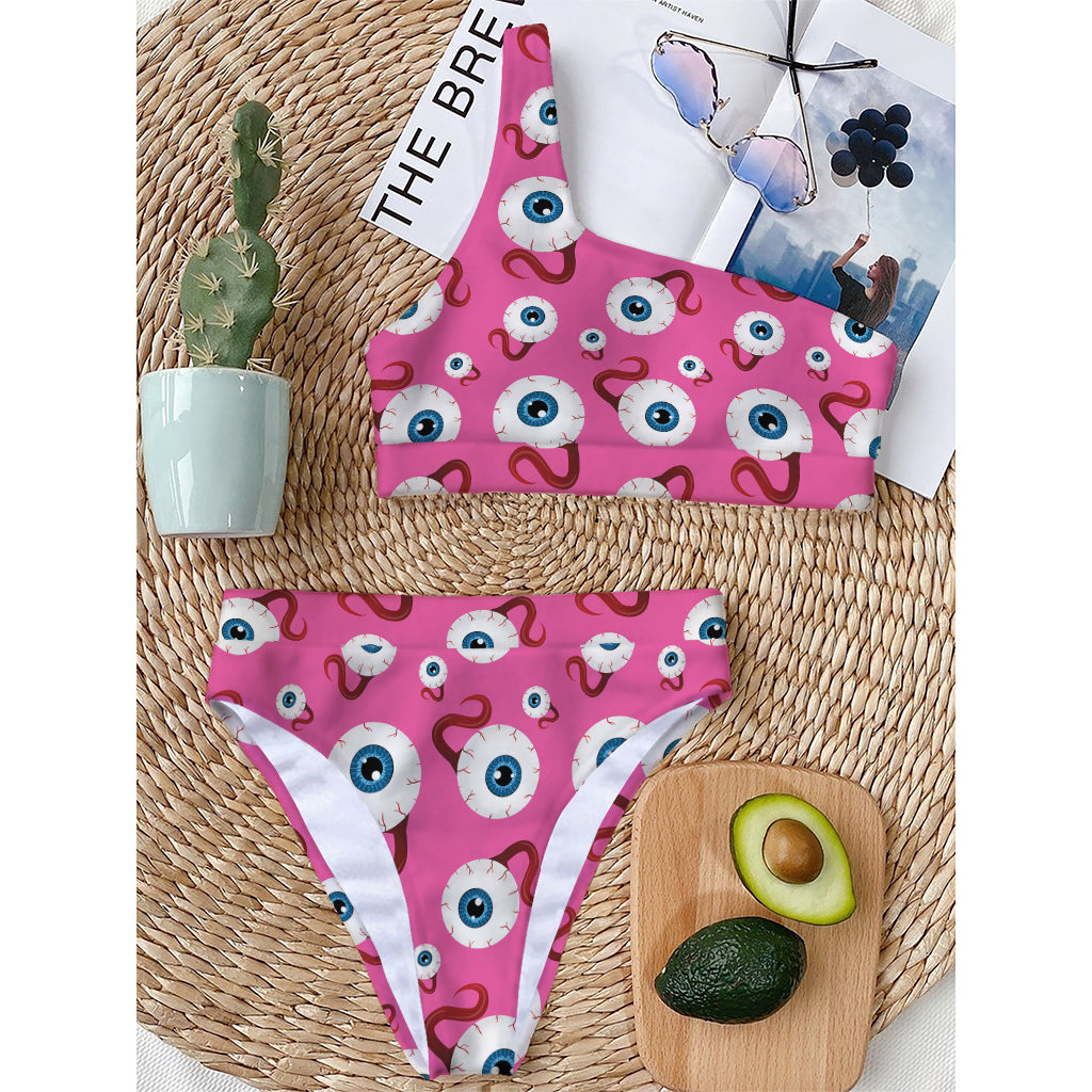Human Eyeball Pattern Print One Shoulder Bikini Top