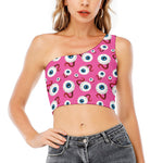 Human Eyeball Pattern Print One Shoulder Crop Top