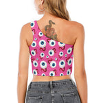 Human Eyeball Pattern Print One Shoulder Crop Top