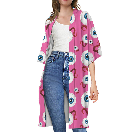 Human Eyeball Pattern Print Open Front Beach Cover Up