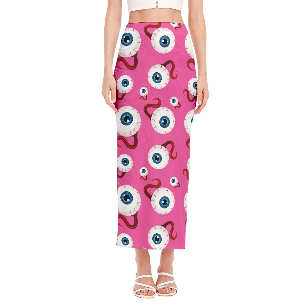Human Eyeball Pattern Print Side Slit Maxi Skirt