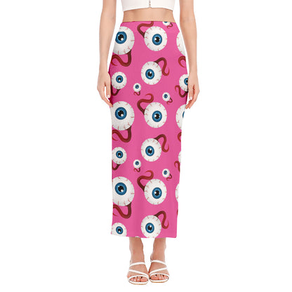 Human Eyeball Pattern Print Side Slit Maxi Skirt