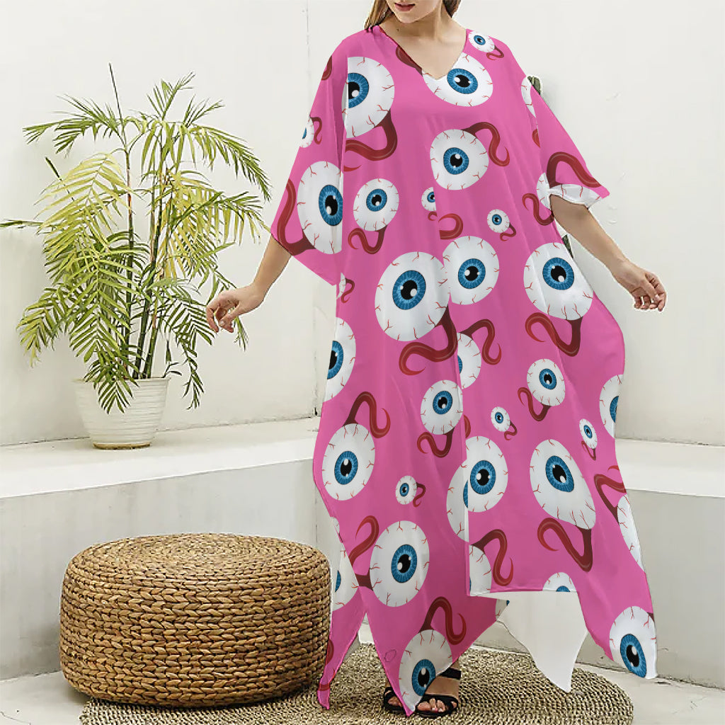 Human Eyeball Pattern Print Silk V-Neck Kaftan Dress