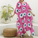 Human Eyeball Pattern Print Silk V-Neck Kaftan Dress