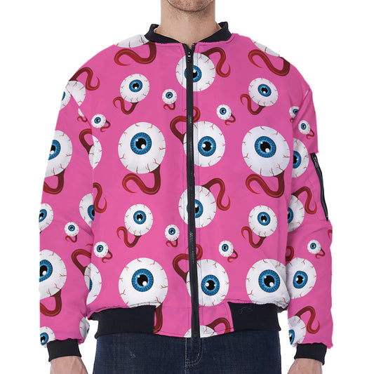 Human Eyeball Pattern Print Zip Sleeve Bomber Jacket