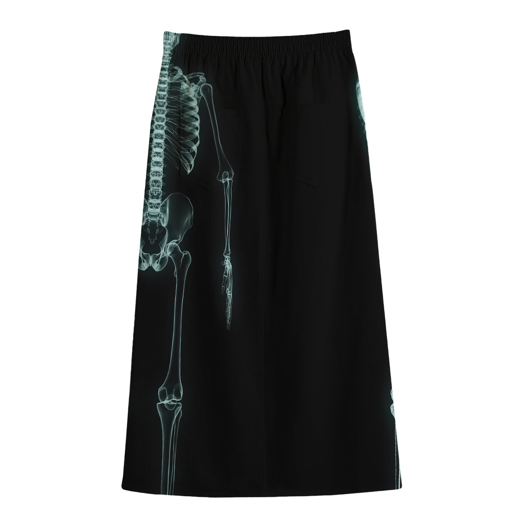 Human Skeleton X-Ray Print Cotton Front Slit Maxi Skirt