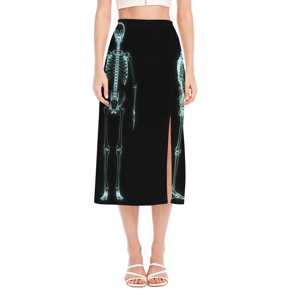 Human Skeleton X-Ray Print Side Slit Midi Skirt