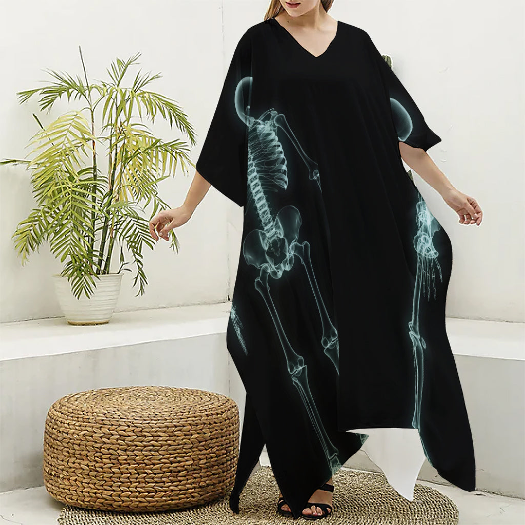 Human Skeleton X-Ray Print Silk V-Neck Kaftan Dress