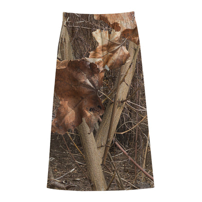 Hunting Camo Pattern Print Cotton Front Slit Maxi Skirt