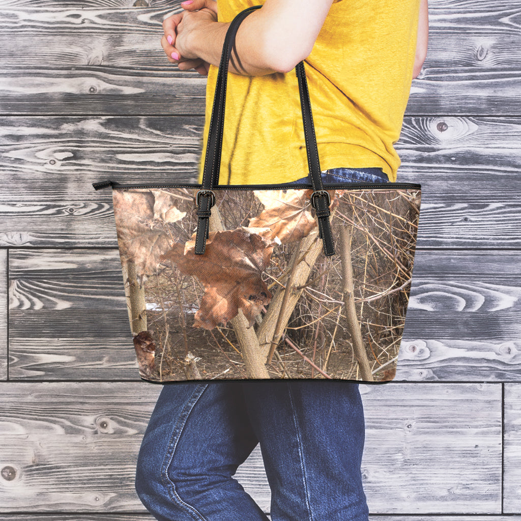 Hunting Camo Pattern Print Leather Tote Bag