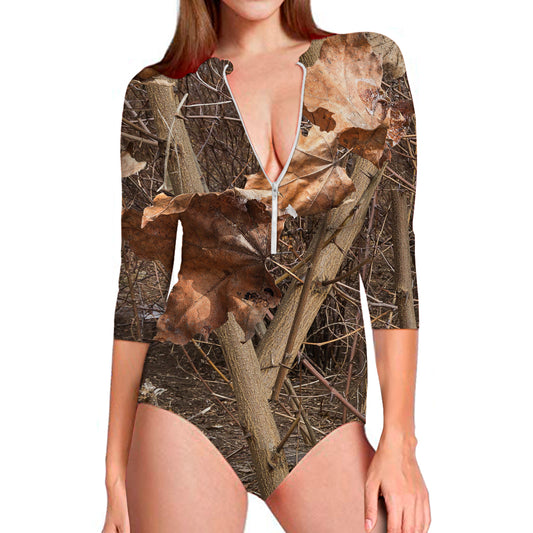 Hunting Camo Pattern Print Long Sleeve Swimsuit