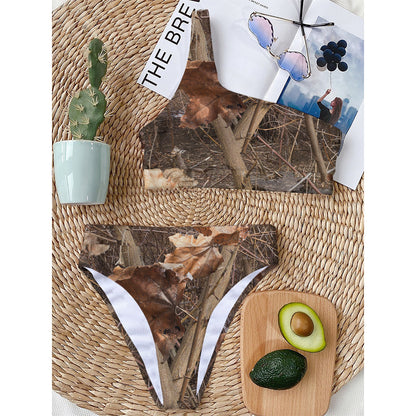Hunting Camo Pattern Print One Shoulder Bikini Top