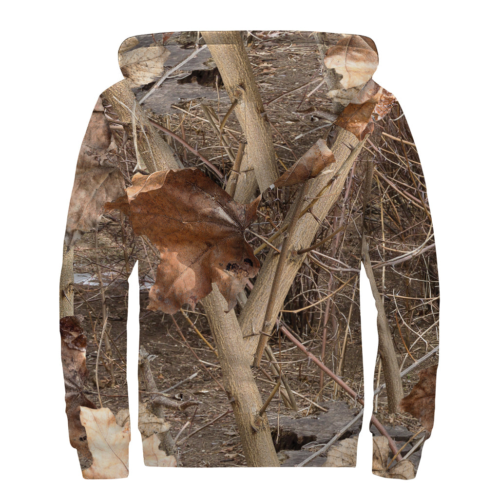 Hunting Camo Pattern Print Sherpa Lined Zip Up Hoodie