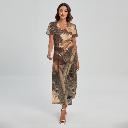 Hunting Camo Pattern Print Short Sleeve Maxi Dress