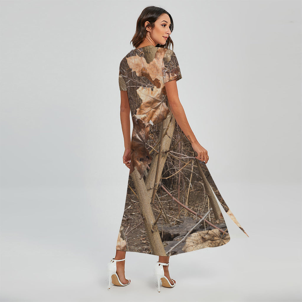 Hunting Camo Pattern Print Short Sleeve Maxi Dress