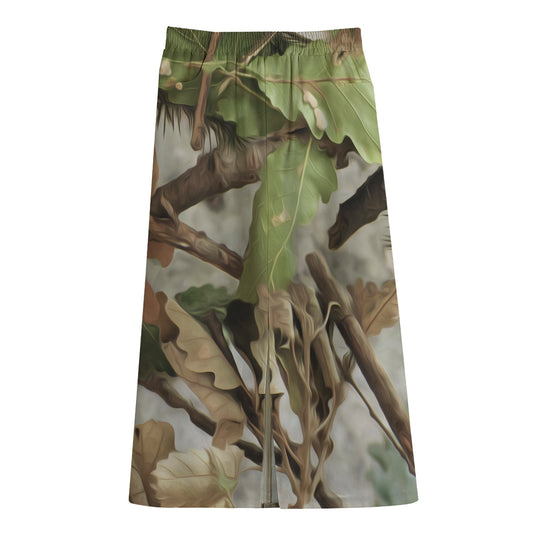 Hunting Camouflage Pattern Print Cotton Front Slit Maxi Skirt