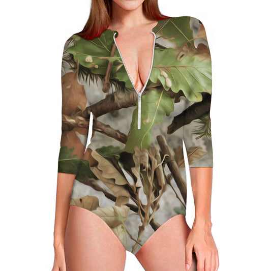 Hunting Camouflage Pattern Print Long Sleeve Swimsuit