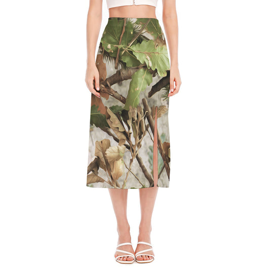 Hunting Camouflage Pattern Print Side Slit Midi Skirt